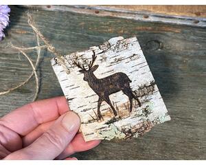 This shows me holding a birch bark gift or accent tag. I have wood burned a deer onto the bark. The bark has a piece of twine tied to it. 